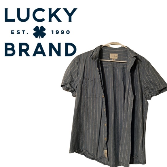 EUC Lucky Brand Blue & White Stripes Short Sleeve Collared Dress Shirt - Picture 1 of 1